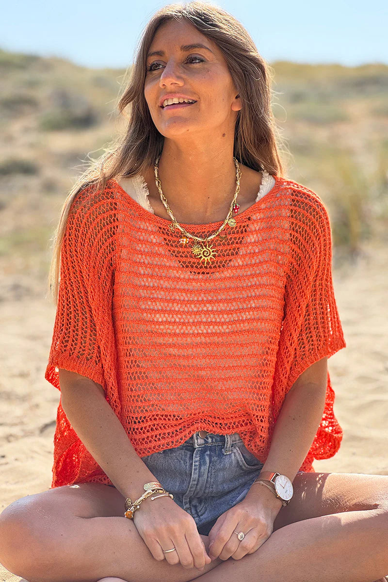 Orange Open Crochet Dolman Top