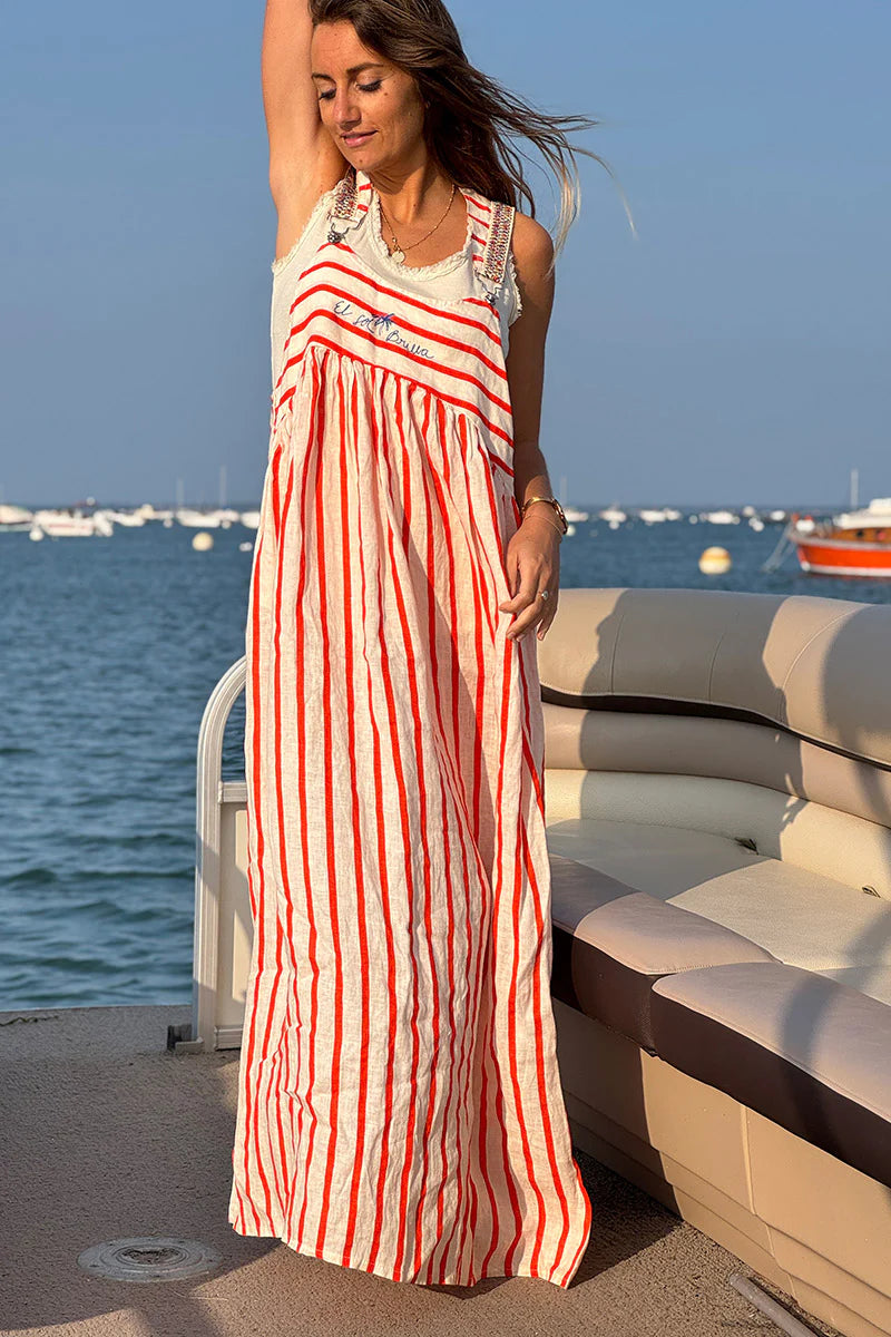 Orange Stripe Linen Overalls Maxi Dress