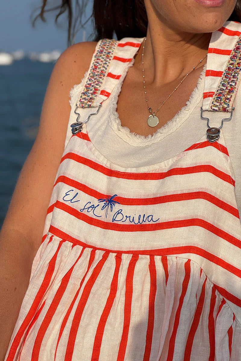 Orange Stripe Linen Overalls Maxi Dress