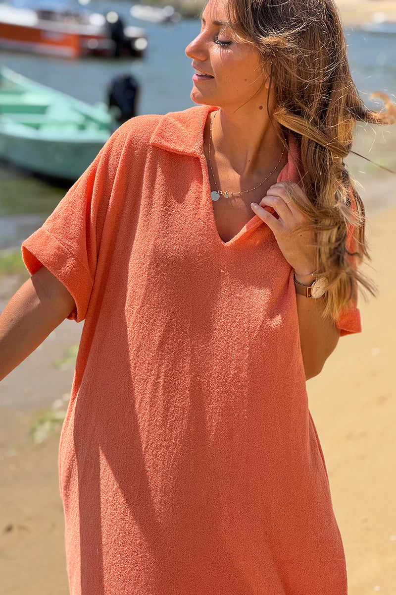 Orange Terry Cloth Collared Caftan