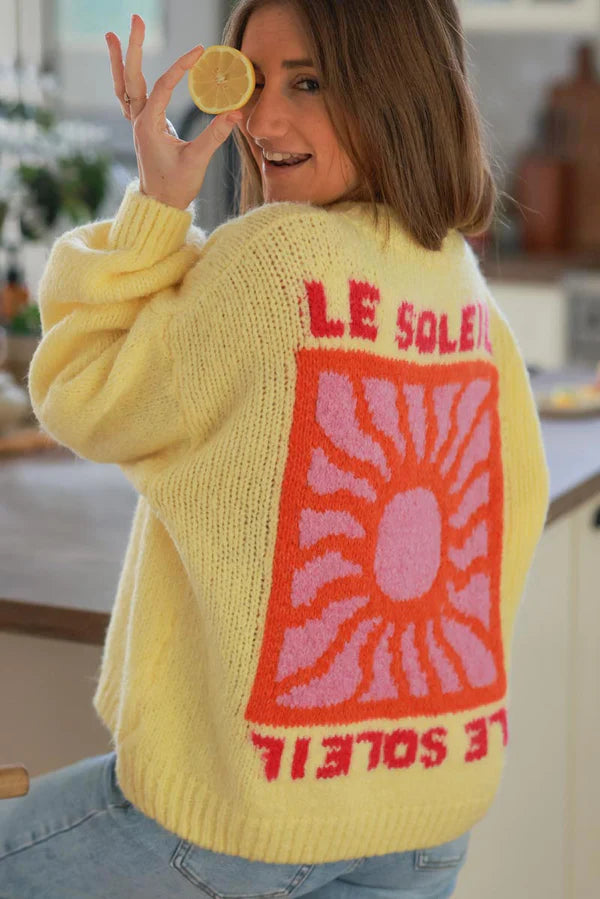 Pastel Yellow Chunky Knit Sweater with Vibrant Sun Embroidery