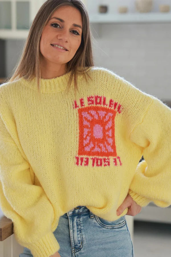 Pastel Yellow Chunky Knit Sweater with Vibrant Sun Embroidery