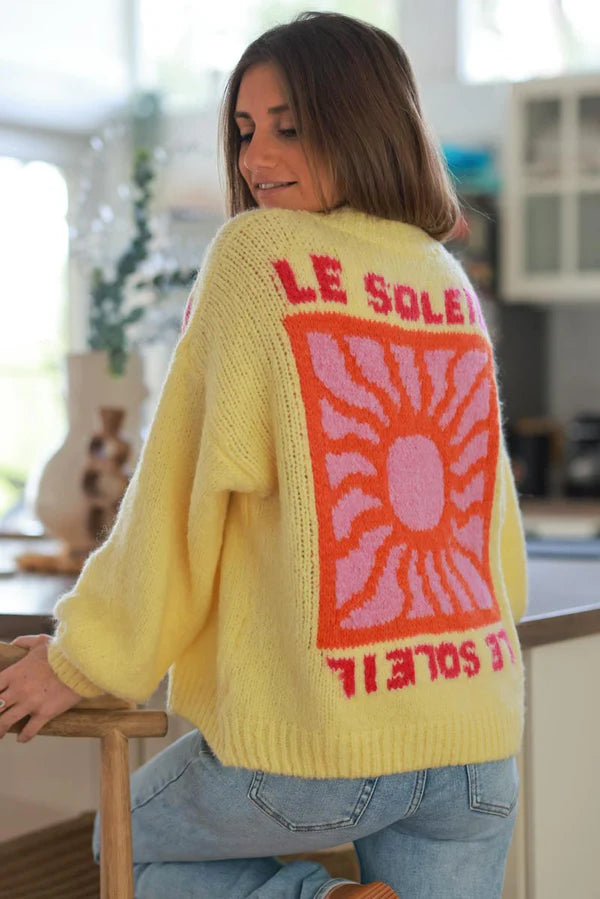 Pastel Yellow Chunky Knit Sweater with Vibrant Sun Embroidery