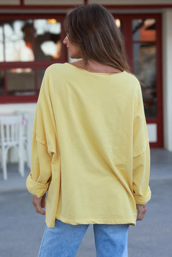 Pastel Yellow Stretch Knit Long-Sleeve Slouchy Tee