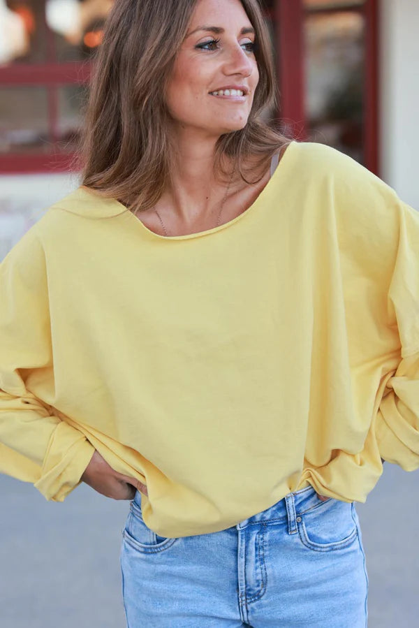 Pastel Yellow Stretch Knit Long-Sleeve Slouchy Tee