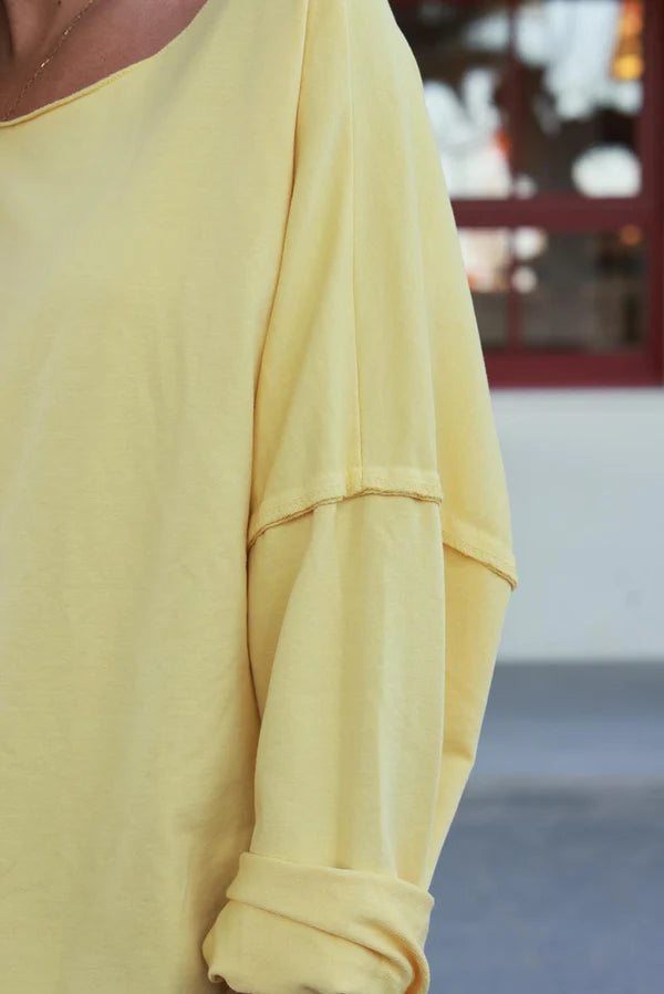 Pastel Yellow Stretch Knit Long-Sleeve Slouchy Tee