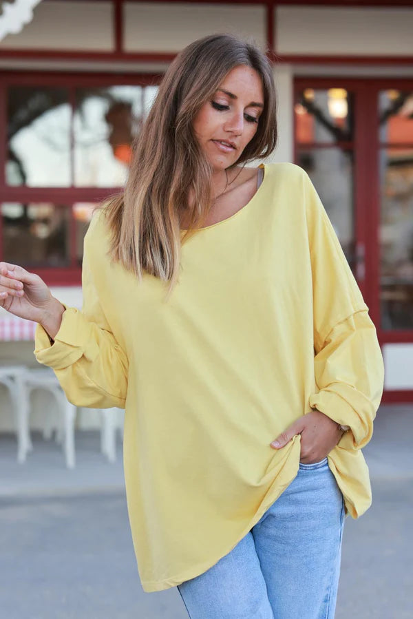 Pastel Yellow Stretch Knit Long-Sleeve Slouchy Tee