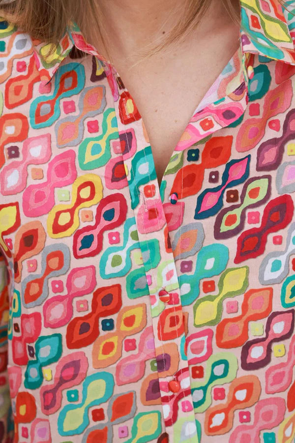 Pink Abstract Squares Cotton Poplin Button-Down Shirt