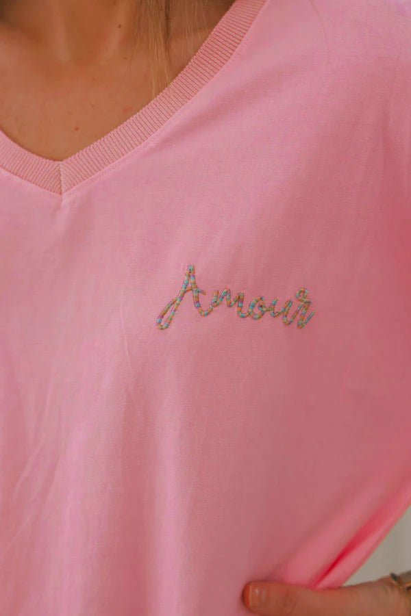 Pink “Amour” Long-Sleeve V-Neck Tee