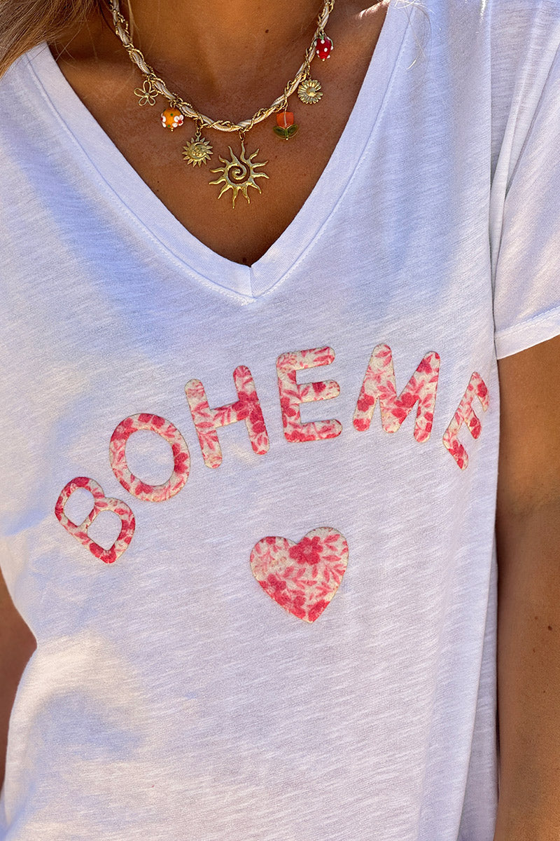 Pink Boho Heart Stretch V-Neck Tee