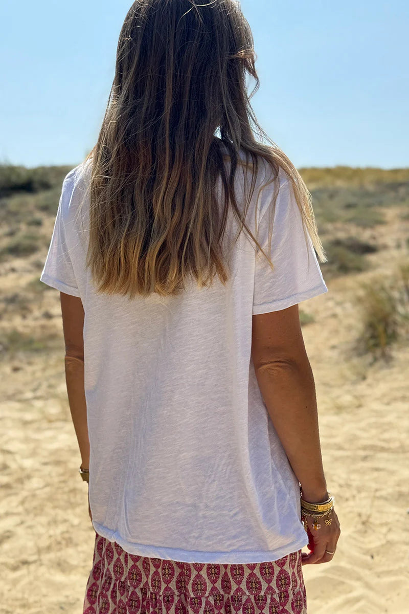 Pink Boho Heart Stretch V-Neck Tee