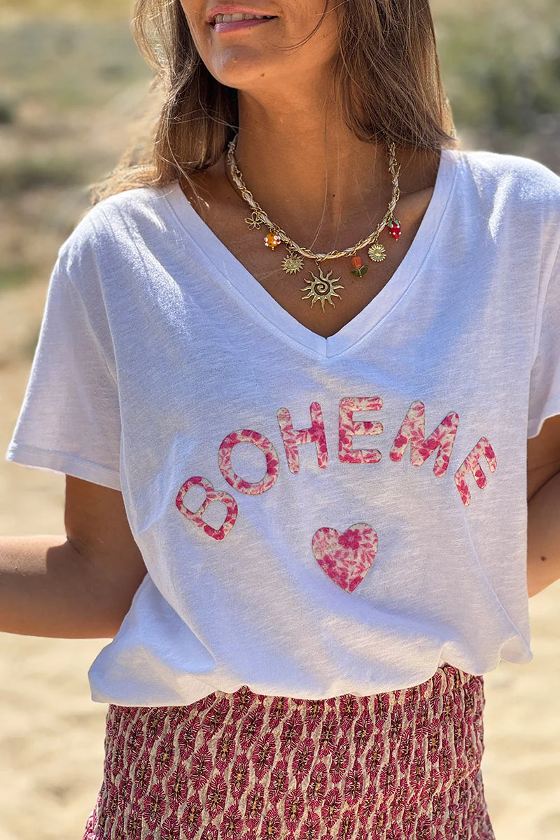 Pink Boho Heart Stretch V-Neck Tee