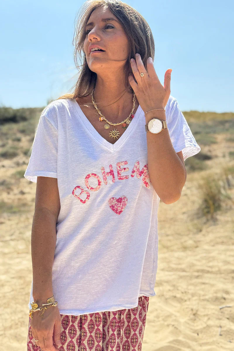 Pink Boho Heart Stretch V-Neck Tee