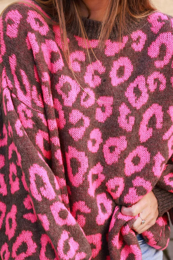 Pink and Brown Leopard Print Balloon Sleeve Sweater