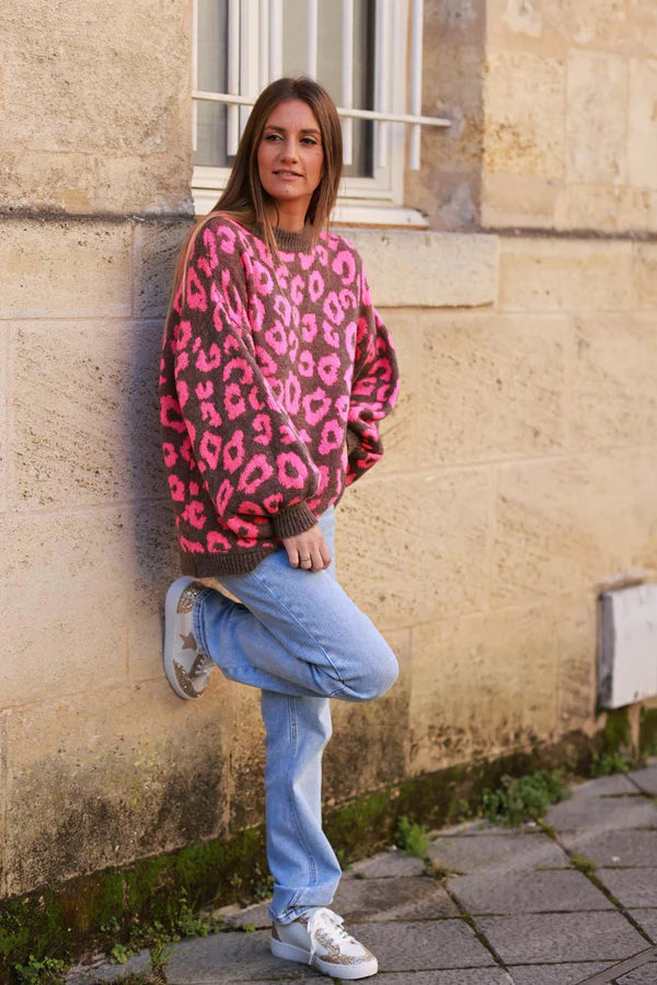 Pink and Brown Leopard Print Balloon Sleeve Sweater