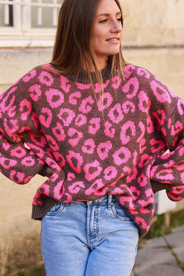 Pink and Brown Leopard Print Balloon Sleeve Sweater