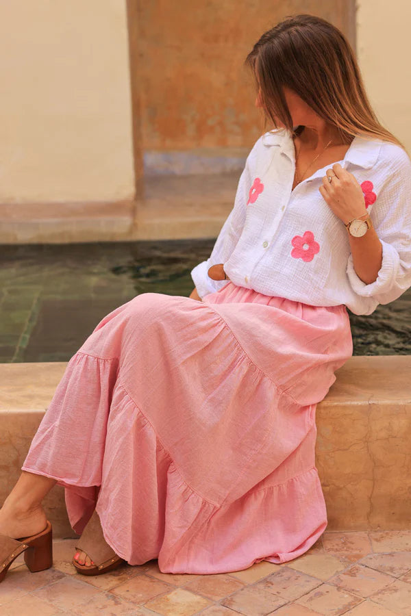 Pink brushed cotton maxi skirt with belt