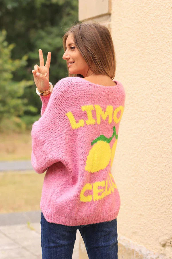 Pink Chunky Knit Cardigan with Lemon 'limoncello' back pattern