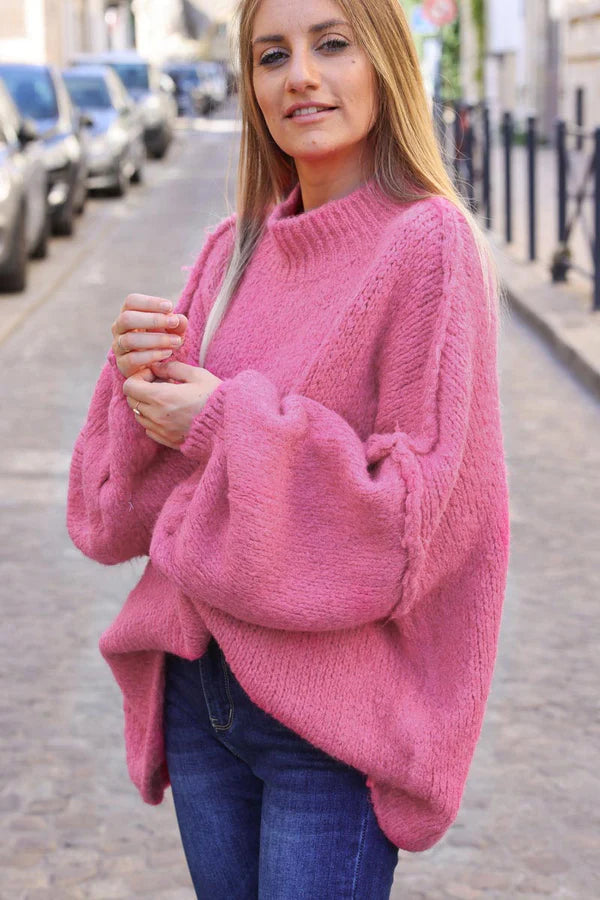 Pink Chunky Knit Sweater Oversized and Funnel Neck