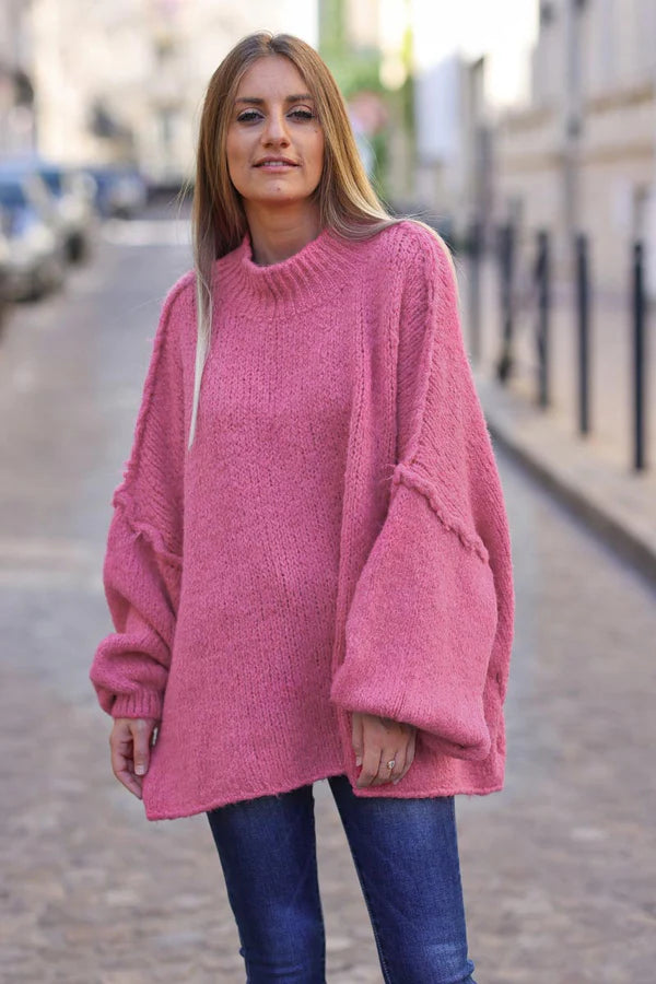 Pink Chunky Knit Sweater Oversized and Funnel Neck