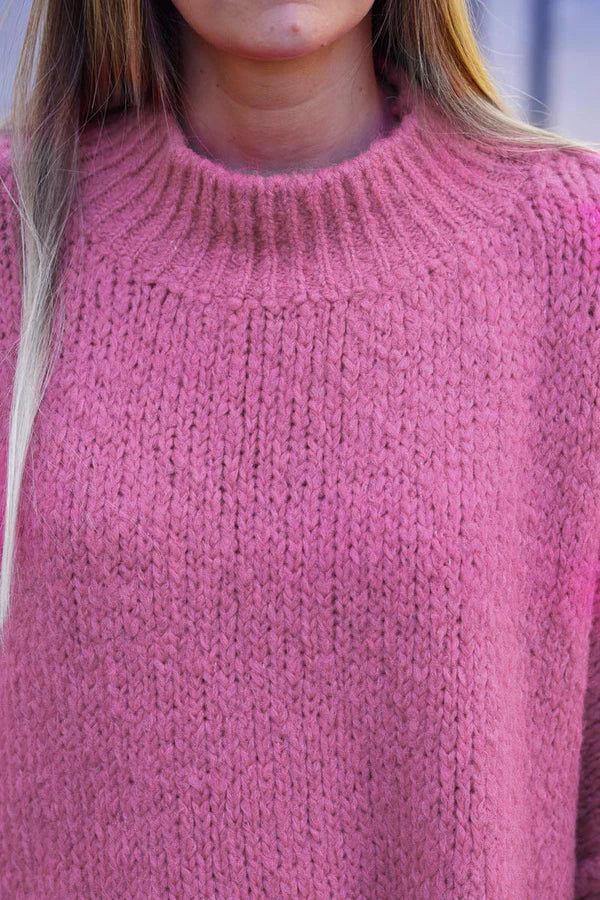 Pink Chunky Knit Sweater Oversized and Funnel Neck