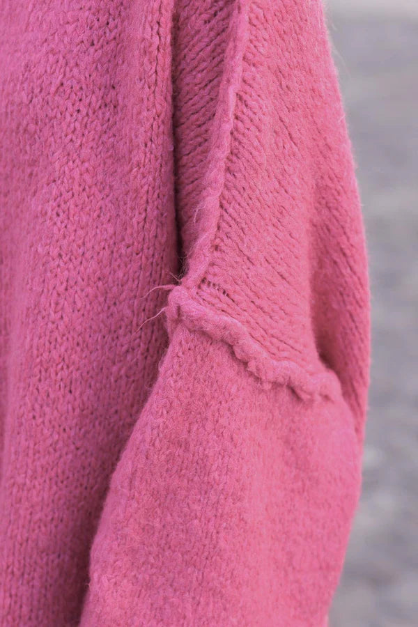 Pink Chunky Knit Sweater Oversized and Funnel Neck