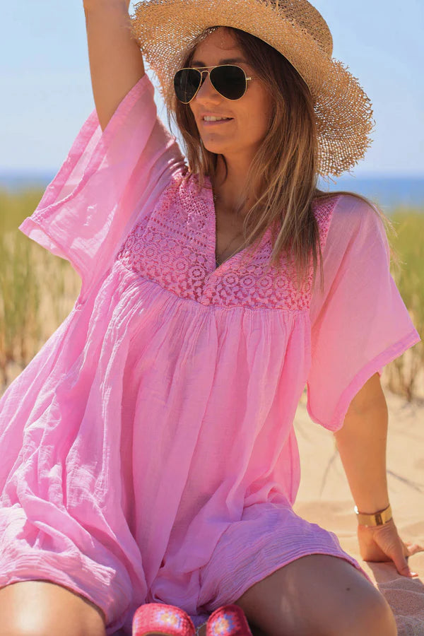 Pink floaty cotton dress with lace detail