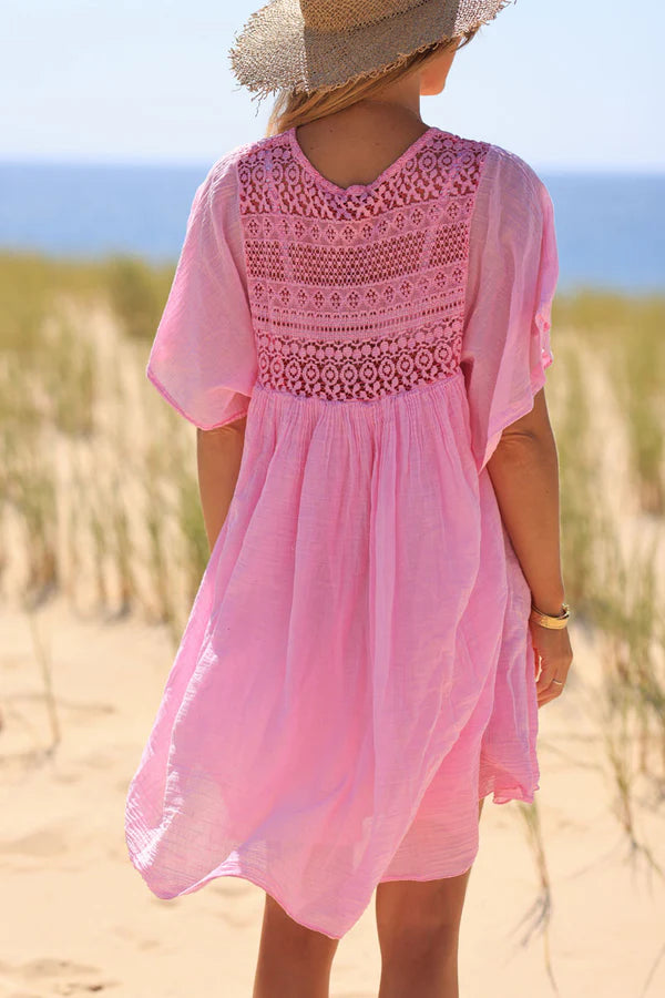 Pink floaty cotton dress with lace detail