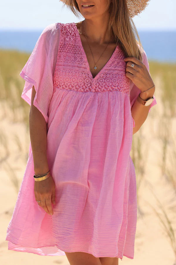 Pink floaty cotton dress with lace detail