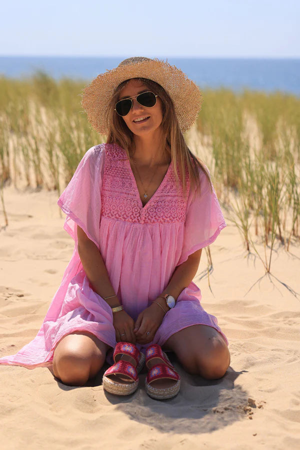 Pink floaty cotton dress with lace detail