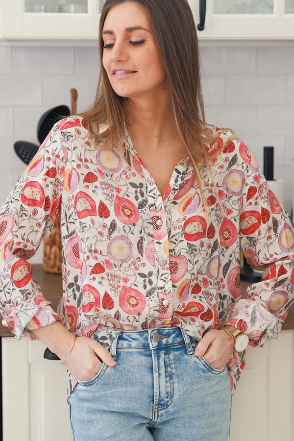 Pink Floral Fruits and Scroll Button-Down Shirt