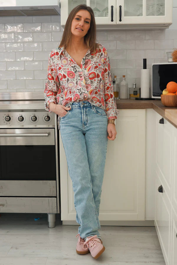 Pink Floral Fruits and Scroll Button-Down Shirt