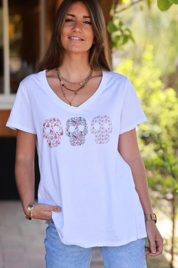 Pink Floral Skulls V-Neck Tee