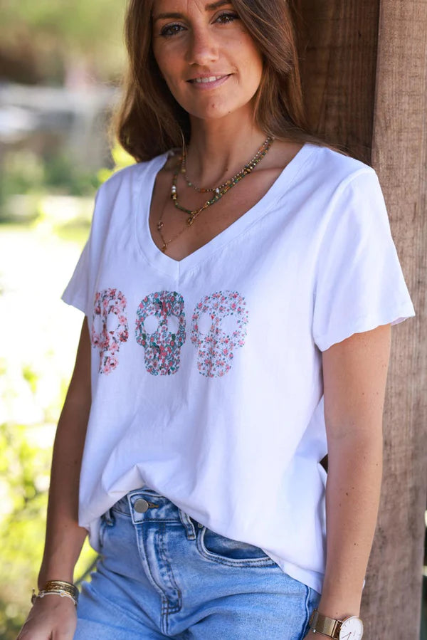 Pink Floral Skulls V-Neck Tee