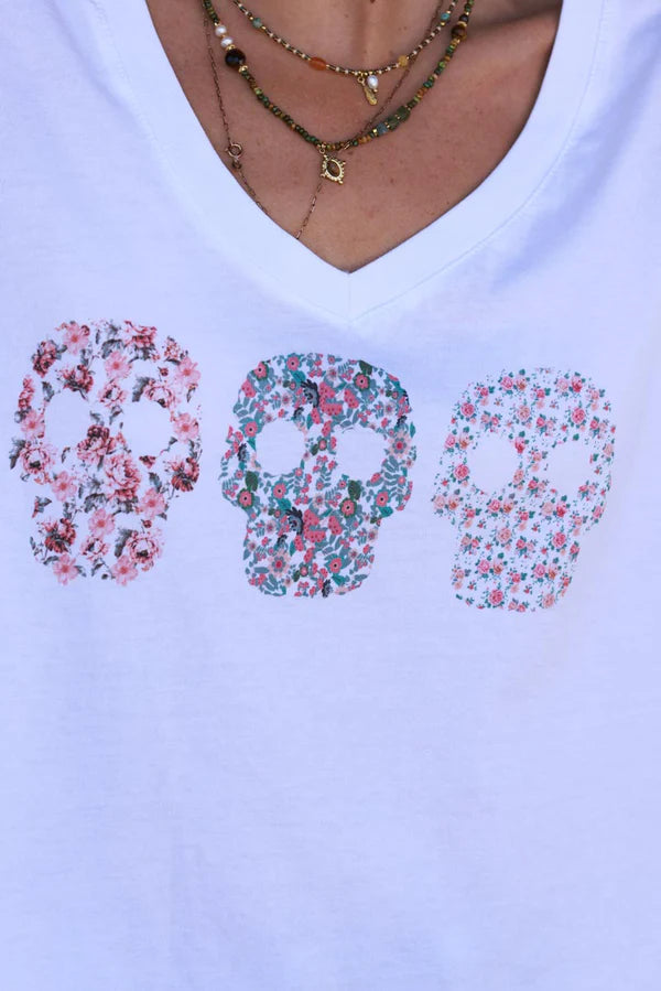 Pink Floral Skulls V-Neck Tee