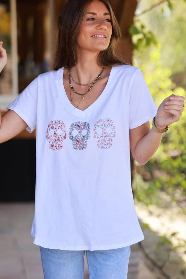 Pink Floral Skulls V-Neck Tee