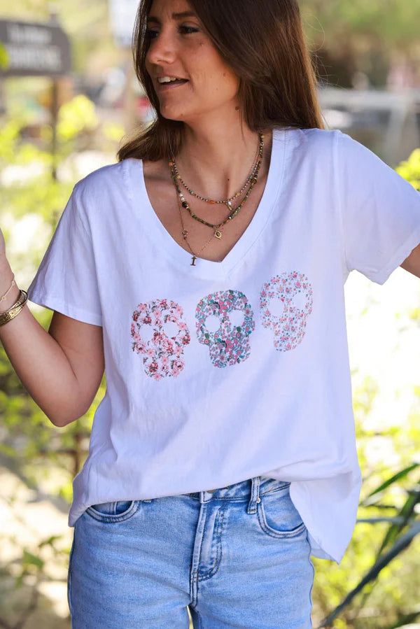 Pink Floral Skulls V-Neck Tee