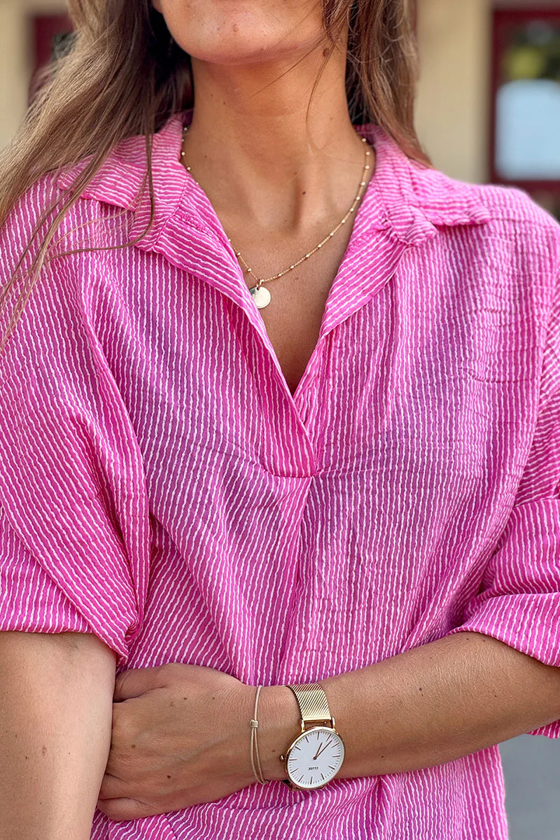 Pink Fuchsia Mottled Pinstripe Gauze Blouse