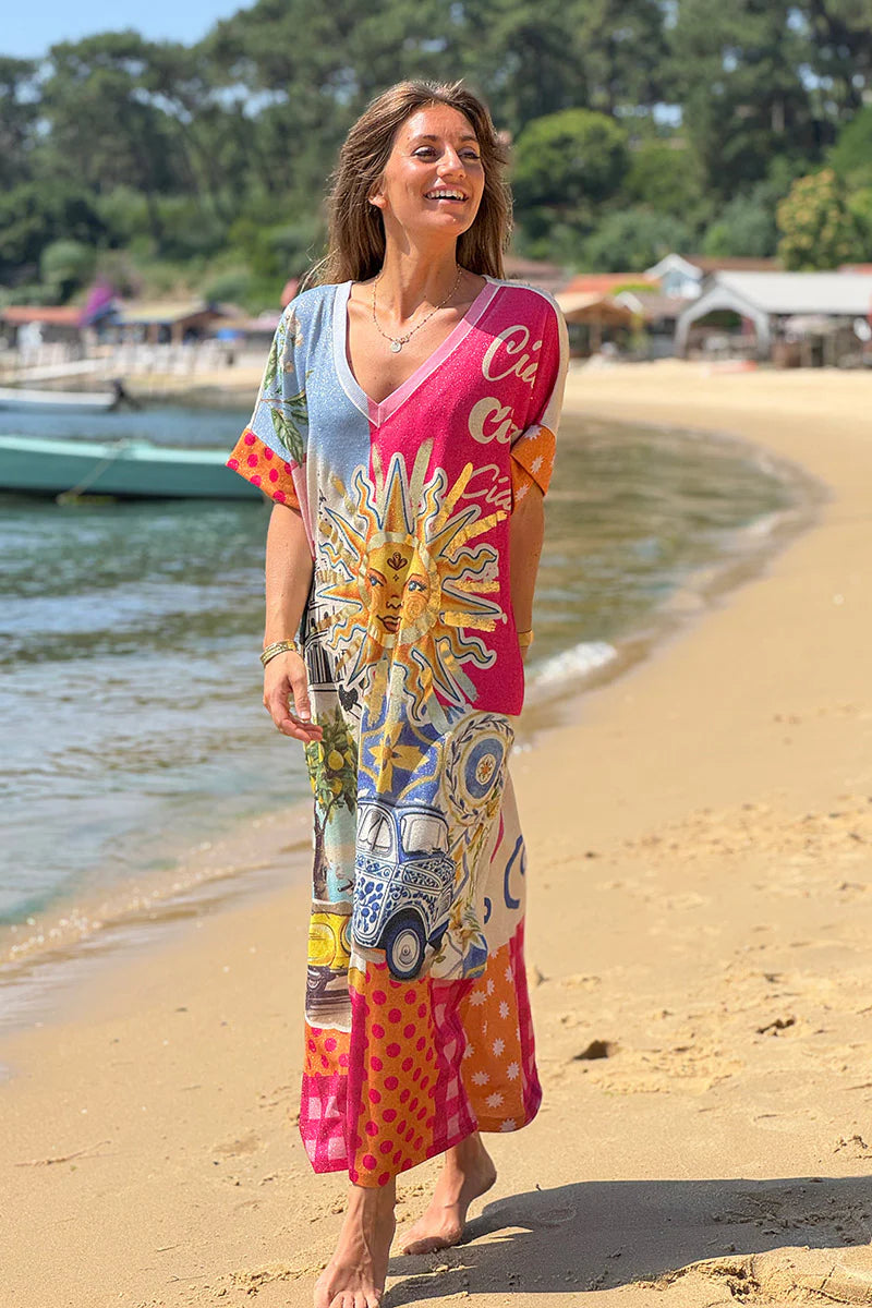 Pink Fuchsia Summer Sun Patchwork Glitter Maxi Dress
