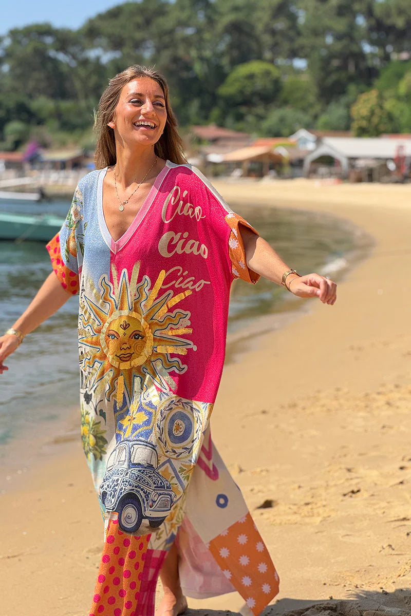 Pink Fuchsia Summer Sun Patchwork Glitter Maxi Dress