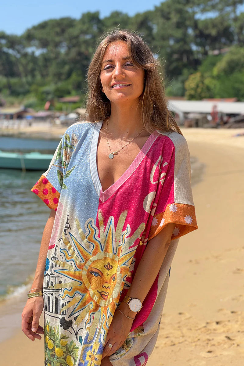 Pink Fuchsia Summer Sun Patchwork Glitter Maxi Dress