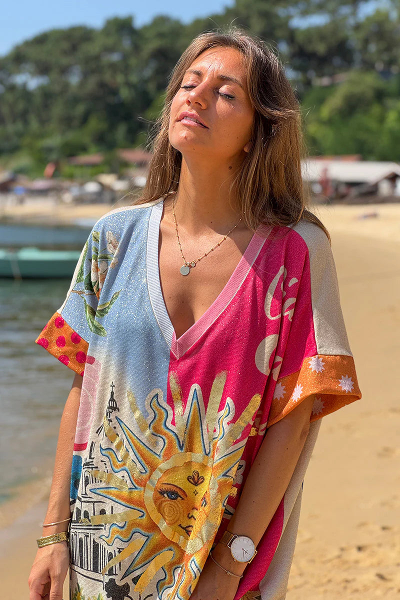 Pink Fuchsia Summer Sun Patchwork Glitter Maxi Dress