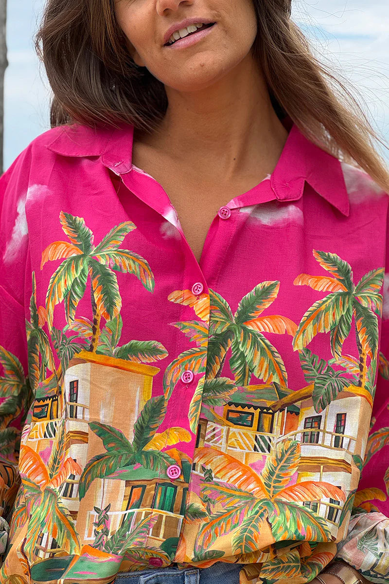 Pink Tropical Getaway Button-Down Blouse