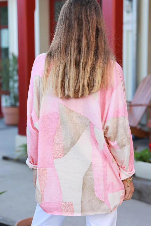 Pink Geo Print V-Neck Knit Top