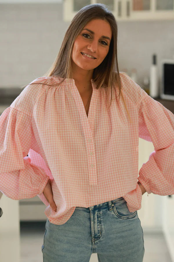 Baby Pink Gingham Cotton Button-Down Blouse