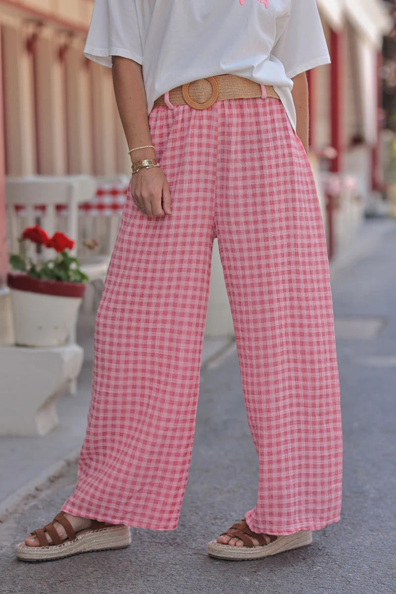 Pink Gingham Gauze Belted Pants