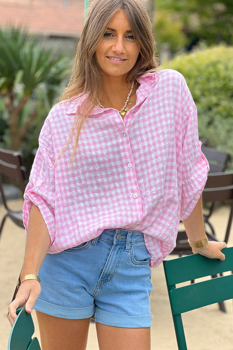 Pink Gingham Button-Down Blouse