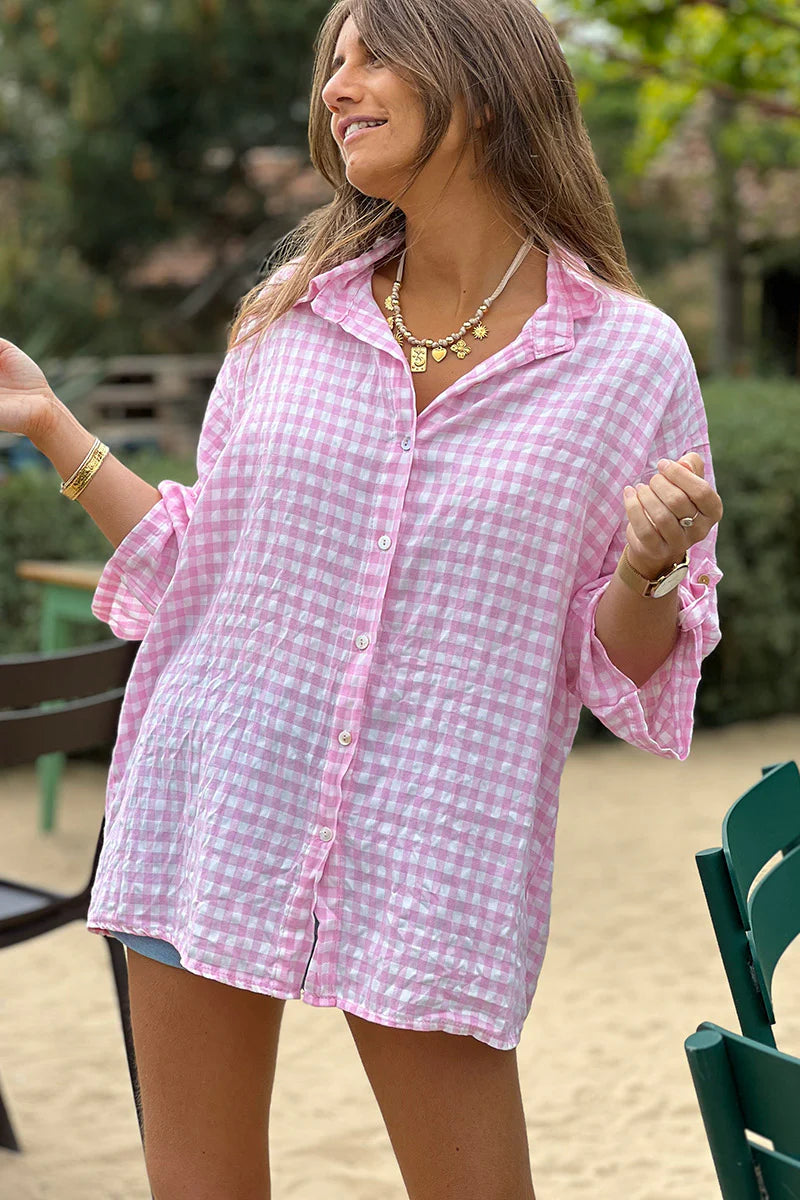 Pink Gingham Button-Down Blouse
