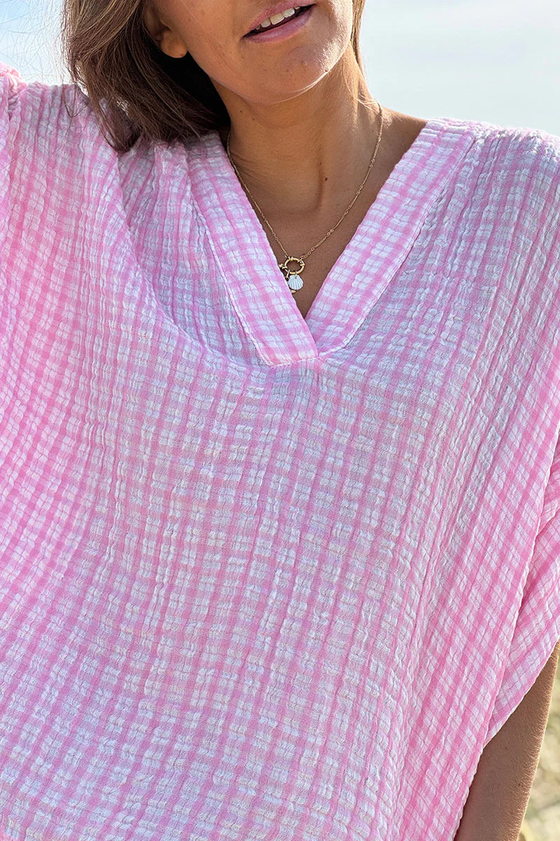 Pink Gingham V-Neck Blouse