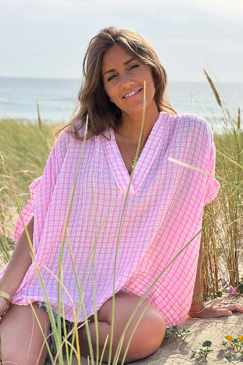 Pink Gingham V-Neck Blouse